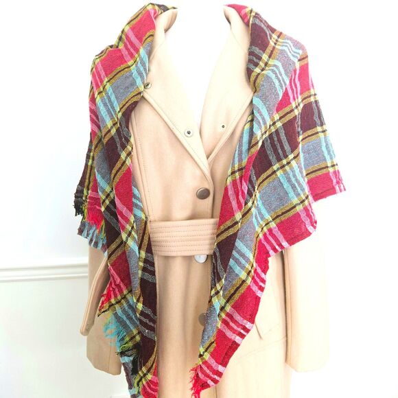 Pink Blue Yellow Burgandy Black Large Plaid Fringe Scarf 52" x 48" - Picture 2 of 7